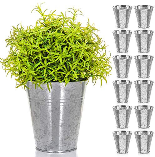 LIVIVO Pack of 12 Galvanised Iron Metal Flower Pots in Weather Resistant Metal for Indoor or Outdoor Use, Great for Plants, Herb Collection, Flowers and Shrubs