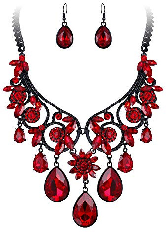 Clearine Halloween Jewellery Tribal Ethnic Diamante Crystal Gemstone Wedding Bridal Costume Chunky Statement Necklace Dangle Earrings Jewellery Set Ruby Color Black-Tone