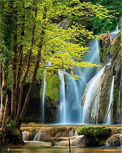 YEESAM ART DIY Ölgemälde Malen nach Zahlen Erwachsene Kinder, Wasserfall Grün Wald Landschaft Zahlenmalerei ab 5 Öl Wandkunst (Grün, ohne Rahmen)