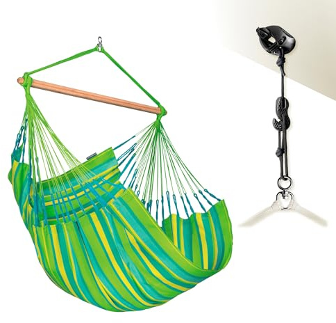 LA Siesta Domingo – Hängematte Komfort für den Winter, Funktionsfaser, kolumbianische Herstellung, große Oberfläche, Stabilisator Bambus, Entspannung im Freien – Limette, Komfort mit Befestigung
