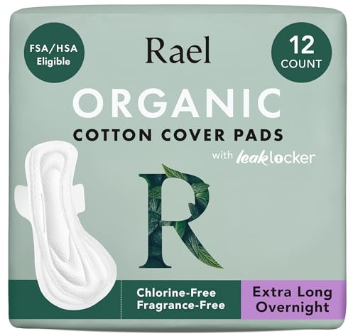 Rael Pads for Women, Organic Cotton Cover - Period Pads with Wings, Feminine Care, Sanitary Napkins, Ultimate Absorbency, Postpartum, Unscented, Ultra Thin (Extra Long Overnight, 12 Count)
