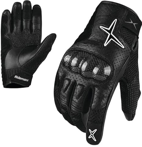 RideMaxx Premium Leather Motorbike Gloves Summer Motorcycle Gloves Touch Screen Racing ATV Riding Cycling Gloves Large