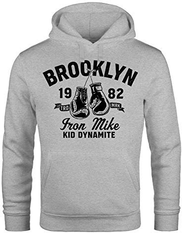Neverless® Hoodie Herren Boxen Iron Mike Brooklyn Retro Design Print Kapuzen-Pullover Männer Fashion Streetstyle grau L