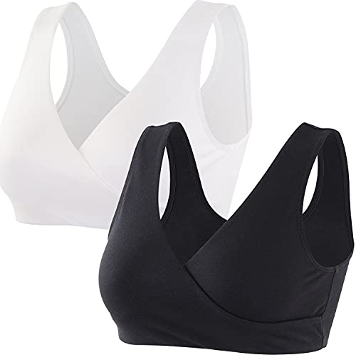ZUMIY Amnings-bh, sömlös amnings-bh för graviditet och amning, bekväm trådlös behå för sömn, Svart + vit/2pack, M