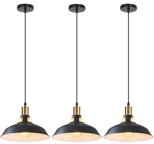 iDEGU 3 pack Suspension Luminaire Industrielle Rétro Lustre Suspension en Métal 27cm Plafonnier Vintage E27 Éclairage de Plafond pour Salle à Manger, Salon, Chambre, Restaurant, Café (Noir + Blanc)