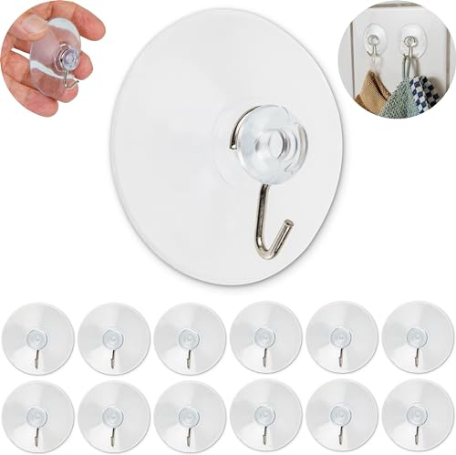 Saugnapf Haken, 12 Stück, mit Ø 55 mm Sauger und Metallhaken, Transparent, Mehrzweckhaken für Bad, Küche, Wandfliesen, Fenster, Spiegel, Saughaken Set, universal Wandhaken, Haftsauger, Handtuchhaken