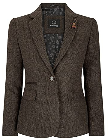 Women Blazer Tweed Herringbone Wool Classic Smart Casual Vintage Check 1920s - Brown 04 20
