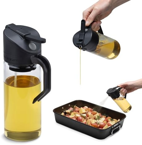 Dreamfarm Oileroo 3-in-1 Glass Oil Pourer, Sprayer & Doser - 1 Tablespoon Spray/Dose - Black | Sprays a fine mist without aerosols, free pours and measures an exact tablespoon, glass bottle, 355ml/12oz capacity