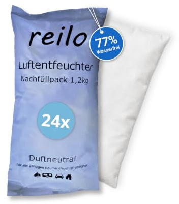 reilo 24x 1,2kg Luftentfeuchter Granulat (Calciumchlorid), Raumluftentfeuchter im Vliesbeutel, Nachfüllpacks für Entfeuchterboxen ab 1,2kg, Lufttrockner für Wohnräume, Schlafzimmer, Keller