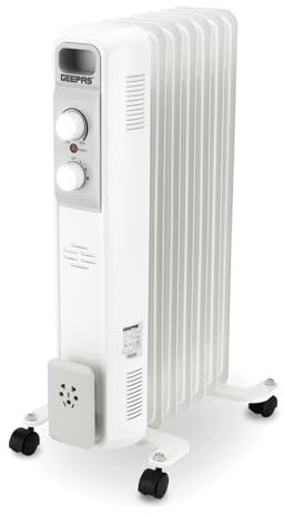 Geepas Oil Filled Radiator Heater 1500W, 7 Fin | Portable Electric Heater 3 Heat Settings | Adjustable Thermostat Safety Cut-off Overheat Protection Energy Efficient Heating | 2 Year Warranty White