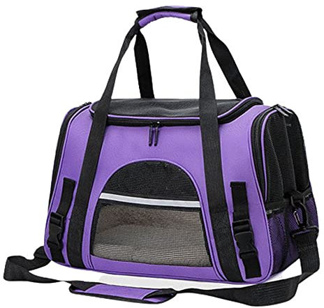Faltbare Tragetasche für Hund & Katze [LUXUSDESIGN] -Tragegurt -Hundetragetasche - Katzentragetasche -Haustiertragetasche - Transporttasche - Katzentasche - Hundetasche Purple/Lamb Fleece Mat