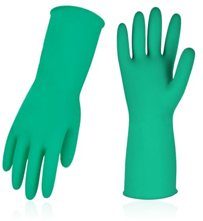 Vgo... 1-Pair Reusable Household Gloves, Rubber Dishwashing gloves, Extra Thickness, Long Sleeves, Kitchen Cleaning, Working, Painting, Gardening, Pet Care (Size L, Green, HH4601)