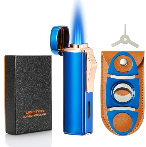 420 Carbon Steel Jet Lighter and Cutter Set, Built-in Punch, Triple Jet Flame Gas Lighter, Refillable Butane Torch Lighters, Blue(Sold Without Gas)