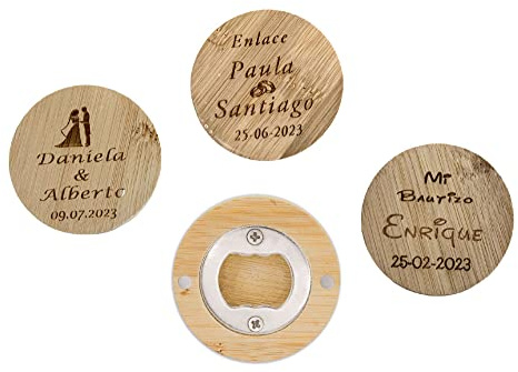 Regalo Grabado - 6 Abridores Personalizados de Madera de Bambú | Abrebotellas Magnetico | Abrebotellas con Grabado Láser Único para Bodas, Comuniones, Bautizos | Unidades (6)
