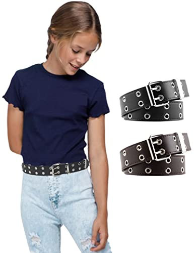 Kiench Mädchen Gothic Punk Nietengürtel Kinder Leder Gürtel 2er-Pack Doppelte Ösen Schwarz & Braun ohne Ketten EU Taillenumfang 60-90cm = Gesamtlänge 100cm
