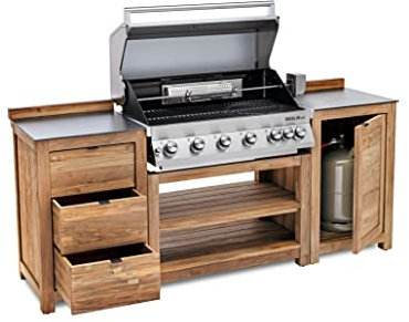 Outdoor Grill-Küche 3-teilig aus Teak-Holz, inklusive 6-Brenner Built-In Edelstahl-Gasgrill Merlin 641