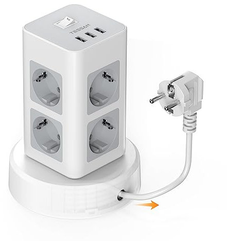 TESSAN Regleta Enchufes con Cable Telescópico, Torre Enchufes Vertical 8 Tomas de CA Corrientes y 3 USB, Alargador 2 Metros, Regleta USB con Interruptor Gris para Mesa, Oficina, Casa