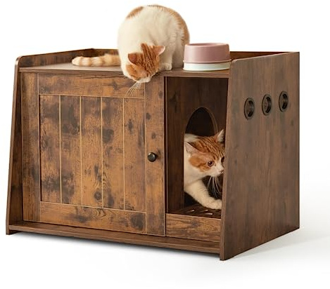 Mondeer Katzenschrank Katzenklo, mit Tür, Stauraum, Industrial Style,Braun | Versteckte Katzentoilette, zugleich Katzenhaus. Für Wohnzimmer, Schlafzimmer, Flur. Stilvoll, geruchsarm.