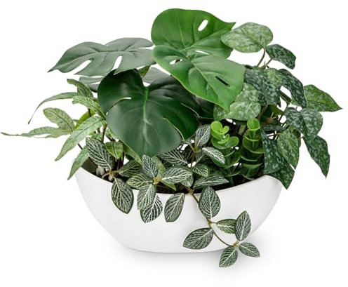 Hollyone Plantas artificiales mixtas de 30 cm en maceta blanca, plantas falsas decorativas con maceta de barco, plantas artificiales de interior para decoración del hogar, dormitorio, baño, cocina,