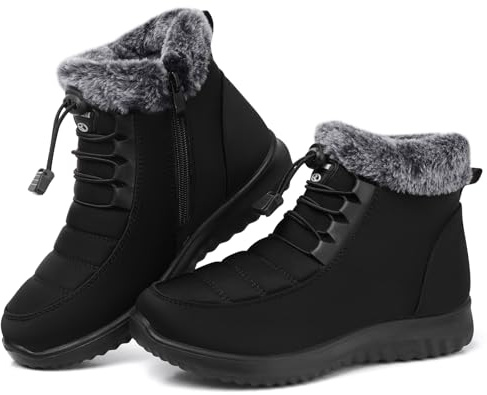 SHIBEVER Winter Boots for Women Snow: Black Fur Lined Warm Ankle Boots - Cold Weather Water Resistant Outdoor Zipper Snow Shoes Size 8