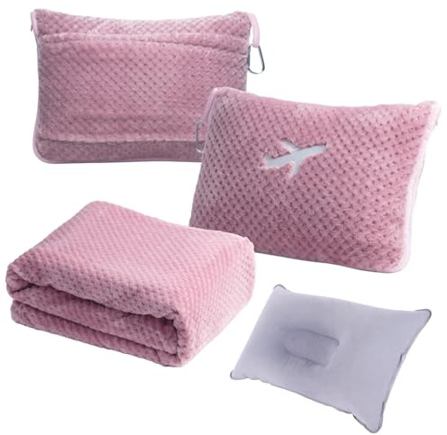 Nenolix 3 in 1 Reisedecke Kissen Set - 350 GSM Dicke Reisedecke Flugzeug Kompakt mit Tasche, Weiche Tasche mit Tasche, Aufblasbares Reisekissen für Camping & Autoreise (Blush Pink)
