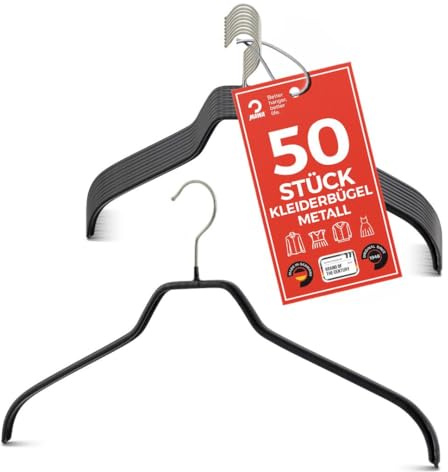 MAWA Kleiderbügel, Set mit 50 platzsparenden und rutschfesten Bügeln, ideal für Hemden und Blusen, mit 360°drehbarem Haken, Antirutschbeschichtung, 41 cm, Schwarz