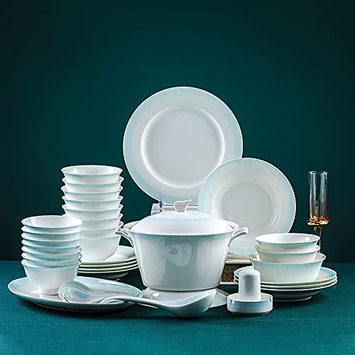 58-teiliges Tafelservice für 10 Personen, Feinporzellan Bone China Geschirr Küche und Gastronomie Servieren Kombi-Set mit runden Schalen Dessertteller Suppenteller Suppentopf Mikrowellen- und Backofen