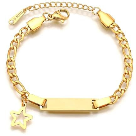 JewelryWe Personligt armband barn baby rostfritt stål högglans polerad figurkedja, barnarmband, babyarmband, armkedja med gravyr för pojke flicka, 5 cm, Trä Läder Trä Snäckskal Läder