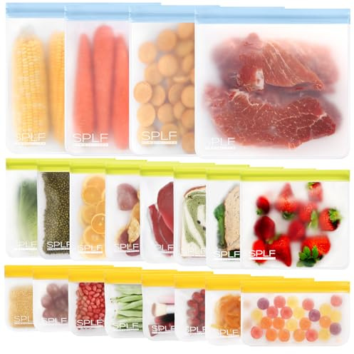 SPLF 20 Pack BPA-Free Reusable Freezer Bags - Dishwasher Safe Food Storage (4 Gallon, 8 Sandwich, 8 Snack) - Leakproof Silicone Ziplock Lunch Pouches Batch