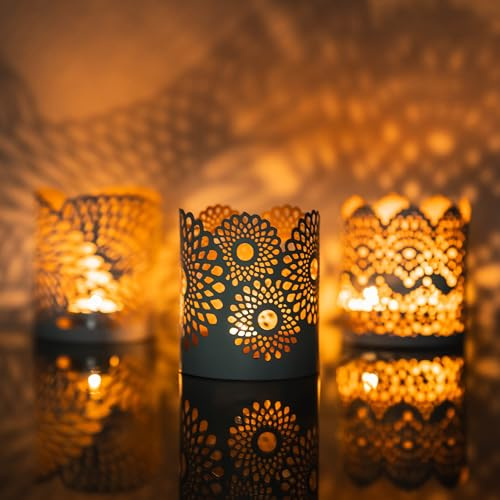 ZEYA Teelichthalter weiß Gold Metall, 3er Set Deko Teelichthalter, (H) 10,5 cm, Ø 8,5 cm, Tischdekoration Wohnzimmer, orientalische Windlichter, Laterne Vintage weiß, Kerzenhalter Weiss