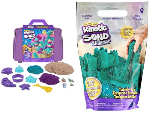 Kinetic Sand Meerjungfrauen Koffer - mit 1 kg original kinetischem Sand aus Schweden in 3 Farben & Schimmersand Petrol, 907 g - blaugrüner Glitzersand für Indoor-Sandspiel aus Schweden, ab 3 Jahren