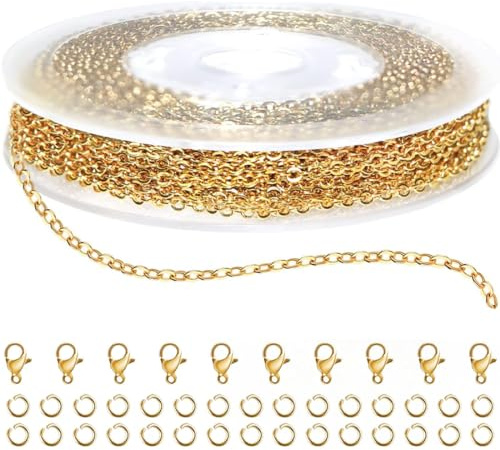 YUUSIKCO 1PCS gliederkette Gold -10 Meter Gold Gliederkette Schmuckherstellung Kette Überzogene Halskette Kabel Metallkette mit 50 Sprung Ringe und 20 Karabinerverschlüsse für Schmuck Herstellung