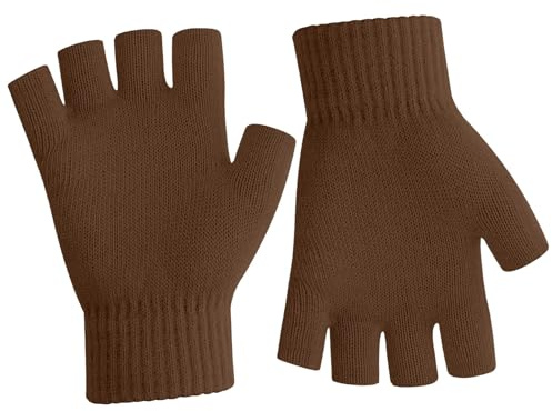 SycloPak Thermal Fingerless Gloves for Women & Men - Magic Touchscreen Knitted Winter Gloves, Non-Slip Grip, Brown Warm Half Finger Gloves for Adults & Kids Indoor Outdoor Use