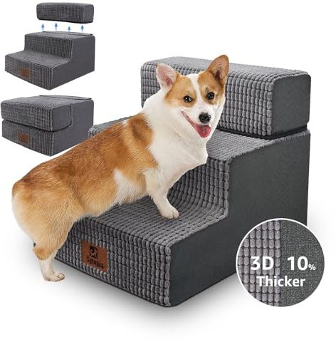 Sytopia Dog Steps for Sofa, 3-Step Non-Slip Pet Stairs for Small & Senior Dogs, High-Density Foam Dog Steps for Bed & Couch, Washable Corduroy Cover, Anti-Slip Base, 46x38x34 cm, Grey