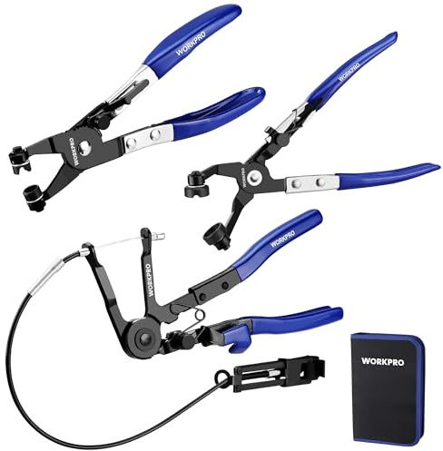 WORKPRO 3-Piece Hose Clamp Pliers Set with Pouch - 27 Long Reach Wire Spring Hose Clamp Plier & Angled Spring Clamp & Flat Band Pliers for Removal, Installation of Ring