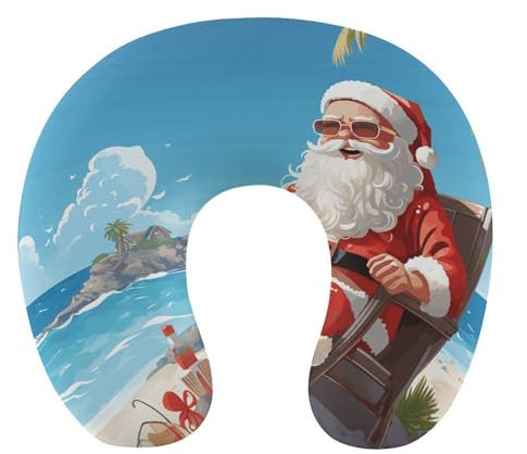 WYUSPGK Reisekissen, Weihnachtsmann am Strand Druck Nackenkissen U-förmiges Kissen Reise Nackenkissen Memory Foam Kissen Flugzeug Kissen Tragbares Kissen