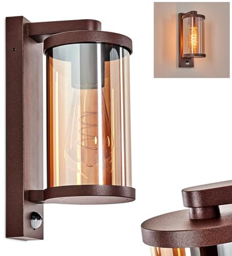 Außenwandleuchte Telhada, Außenwandlampe mit Bewegungsmelder aus Metall/Glas in Rost-/Bernsteinfarben, Leuchte im modernen Industrial-Design für Garten/Terrasse/Hof, 1 x E27, ohne Leuchtmittel, IP44