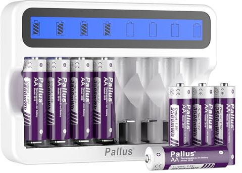 Pallus Rechargeable AA Lithium Batteries, High Capacity 3500mWh, Long Lasting Double A Battery 1500+ Cycles, 8 Pack AA Li-Ion Battery with Charger
