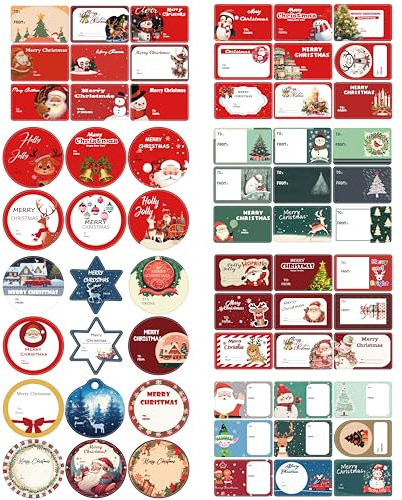 Weihnachtsgeschenketiketten Weihnachten Selbstklebende Geschenketiketten Weihnachts Etiketten Namensschild Weihnachten Namensaufkleber für Geschenktüten Umschläge (63 Muster) (8 Blätter)