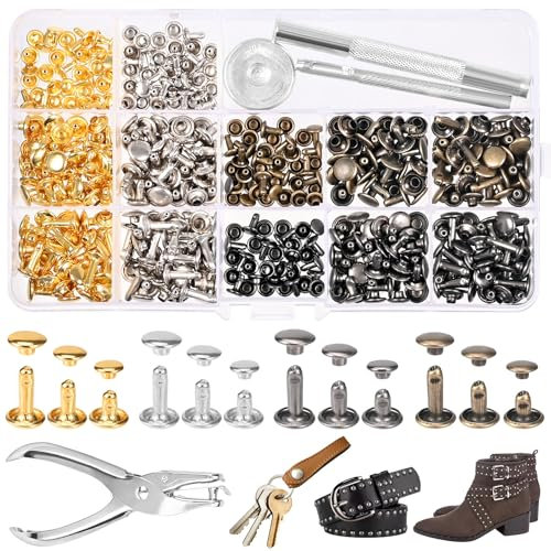 Szaboviktoria 180 Sets Nieten,Nieten Set Mit Nietenzange,Hohlnieten, Metallniete Doppelkappe,Nieten Für Leder,Ledernieten 12mm, 8mm, 6mm,4 Farben,mit 3 Werkzeugen