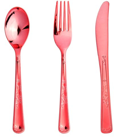 180 Pack Disposable Rose Red Plastic Silverware Contain 60 Forks,60 Spoons,60 Knives, Solid and Durable Plastic Cutlery Utensils Set Perfect for Parties,weddings.
