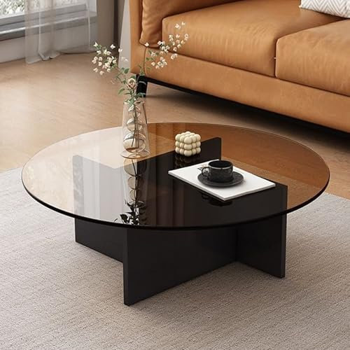 Table basse ronde en verre avec cadre en bois pour salon, table d'appoint moderne – Table centrale pour chambre à coucher, terrasse, bureau