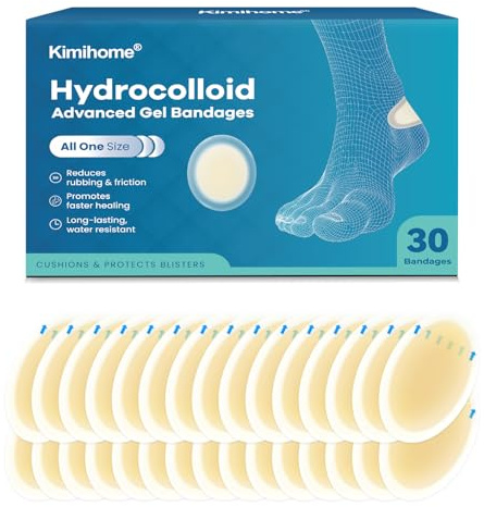 Kimihome Hydrocolloid Blister Bandages for Feet - 30ct Gel Blister Bandages - Blister Cushions for Heel, Toe - Blister Prevention for Travel - Water Resistant Bandages Pads (Heel Pack)
