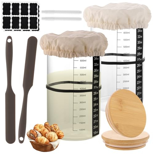 LDHHYH 2 stycken surdeg startset, surdeg starter 680 ml, surdeg glas med aluminiumlock, jäsduk, temperaturband, daterat matningstejp, silikonspatel, fermenteringsglas