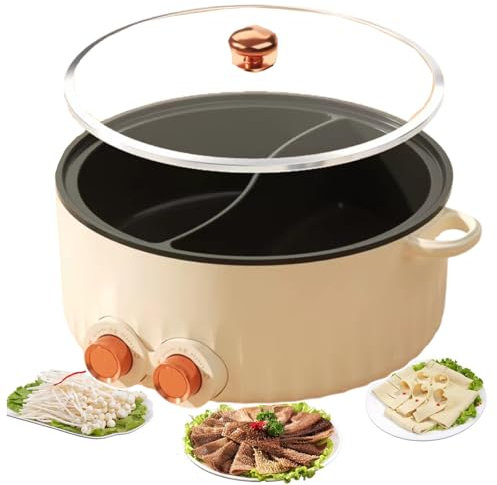 Ollas calientes eléctricas con sartén de doble cara (5L/6L) – Ollas arroceras antiadherentes con temperatura ajustable para 2-8 personas, multicocina eléctrica con divisor