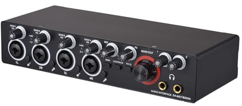 Hanzete Carte son d'enregistrement 4 canaux avec Driver o Interface, 4 pouces 4-out USB carte son 24 bits/192 kHz 48 V alimentation fantôme pour enregistrement professionnel de streaming en direct