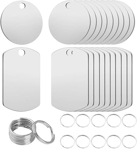 Yuaiosn 20 Stück Edelstahl Anhänger Blanko, Rohlinge Dog Tags Stanzen, Runde Stanzrohlinge mit Spaltring Rohlinge Hundemarken Schlüsselanhänger Rohlinge mit 20 Schlüsselringen für DIY