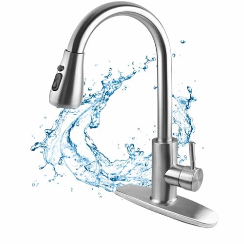 NAKIHOUSE Wasserhahn Küche, Edelstahl Hochdruck Küchenarmatur mit Herausziehbarer Brause Ausziehbar Armatur, Silber Hoher Bogen Mischbatterie Küche 360°Drehbar 3 Sprühfunktionen