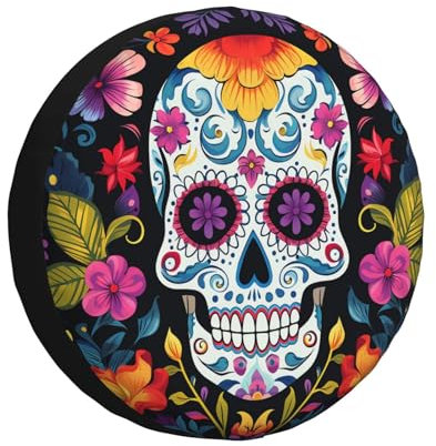 Reserveradabdeckung Bunte Zuckerschädelblume Reifenhülle Universal Autoreifen Tasche Uv-Schutz Reifen-Aufbewahrungstasche Für Ersatzradreifen Anhänger Caravan 17 inch