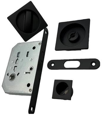 Kit Serratura Quadro in Zama per Porte Scorrevoli – Chiusura a Incasso con Gancio, Bocchetta Rotonda in Acciaio (Nero)